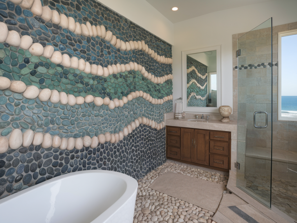 make a pebble backsplash on a budget for a coastal-inspired bathroom