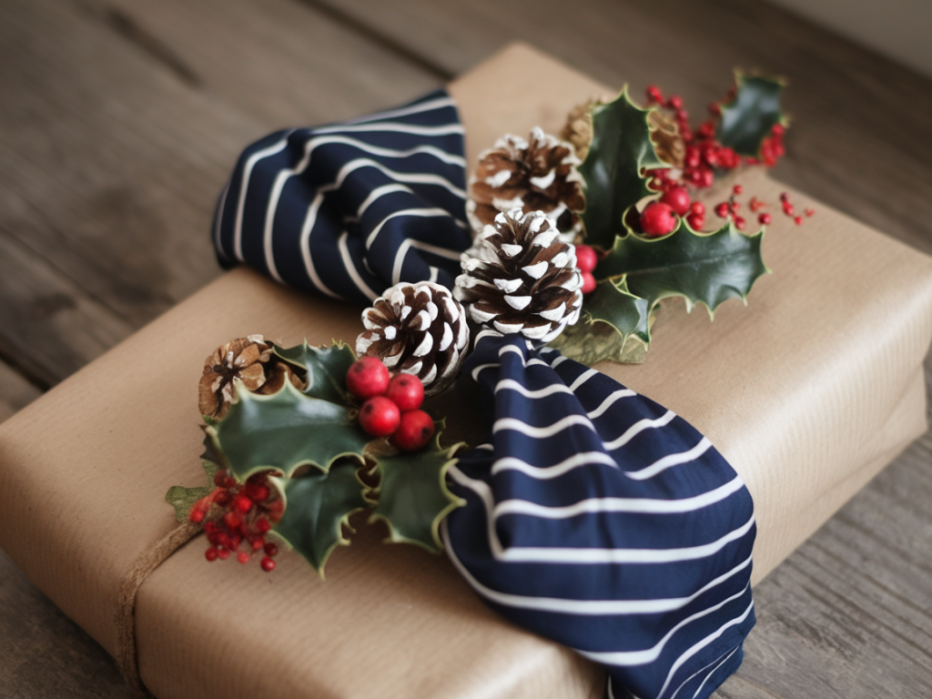 how to make zero-waste gift wrap with scarves, kraft paper, and foraged decorations