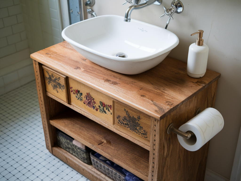 how to convert a thrifted bookcase into a moisture-friendly bathroom vanity with simple plumbing-safe sealants