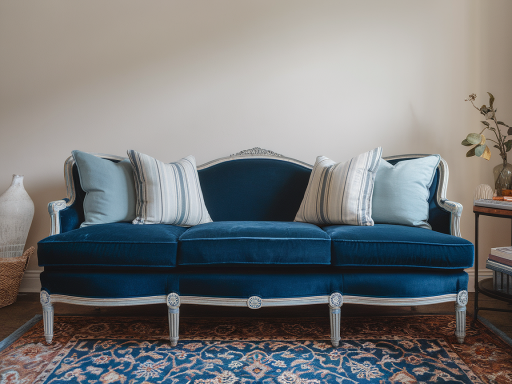 thrifted velvet sofa makeover using milk paint and natural wax finish