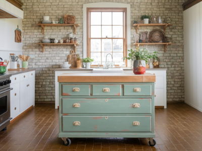 How to turn a thrifted pine dresser into a durable kitchen island with milk paint, new casters and a butcher block top