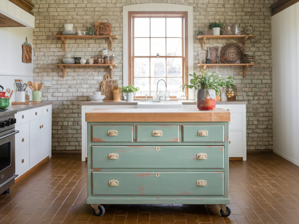How to turn a thrifted pine dresser into a durable kitchen island with milk paint, new casters and a butcher block top