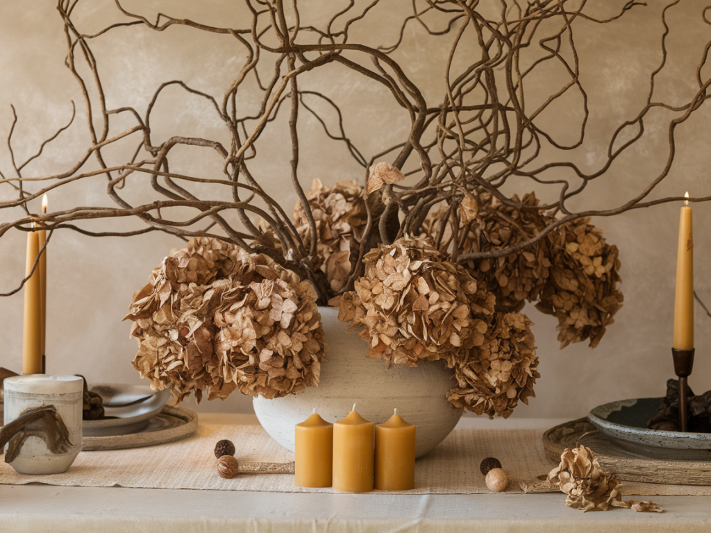 seasonal table centerpiece using branches, dried hydrangea, and beeswax candles