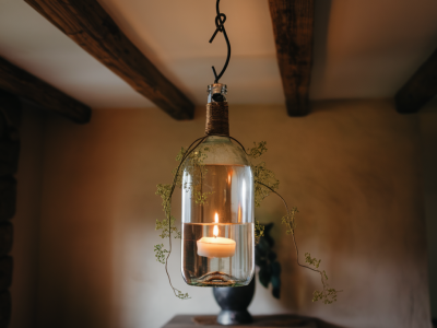 transform wine bottles into pendant lights with one drill and plant wire