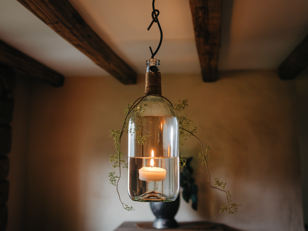 transform wine bottles into pendant lights with one drill and plant wire