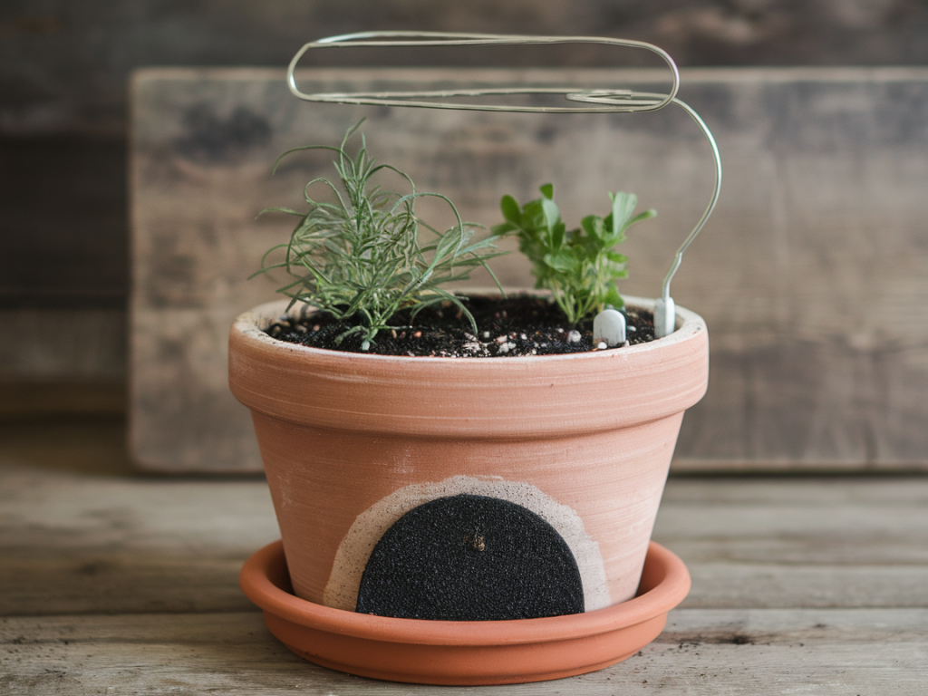 make a slow-release indoor herb planter with terracotta, activated charcoal and a simple wick irrigation system