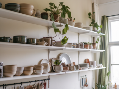 how to style open kitchen shelves to hide clutter and showcase ceramics