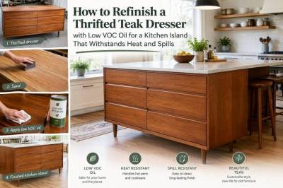 How to refinish a thrifted teak dresser with low-voc oil for a kitchen island that withstands heat and spills
