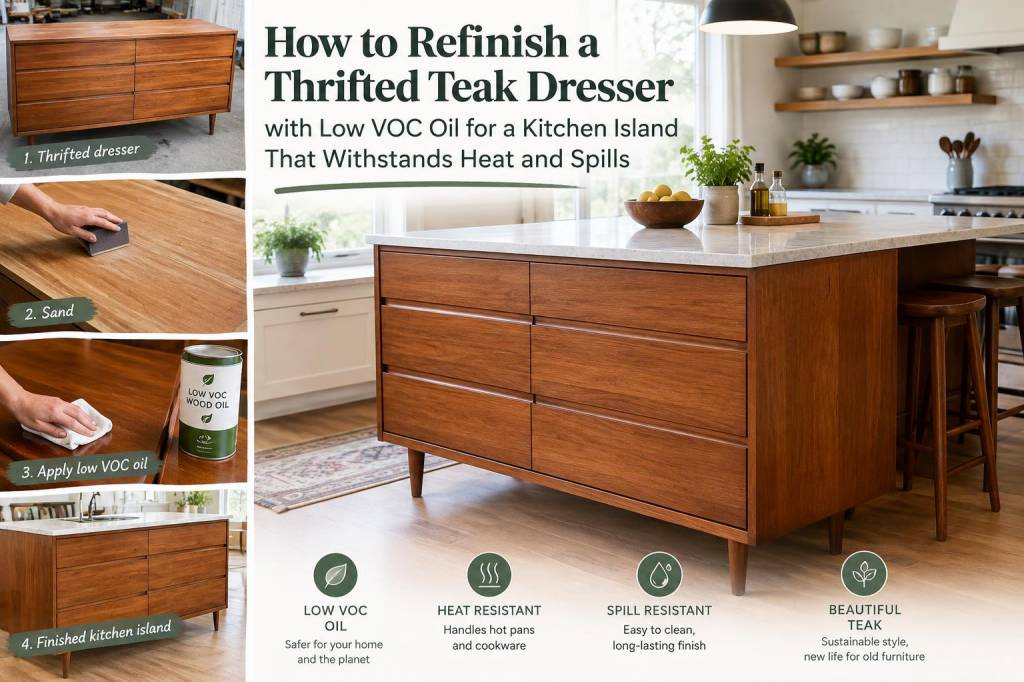 How to refinish a thrifted teak dresser with low-voc oil for a kitchen island that withstands heat and spills